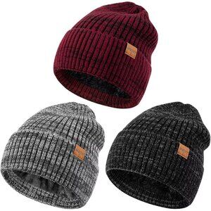 Unisex Black  Burgundy Warm Fleece-Lined Knit Beanie Skull Cap for Cold Weather
